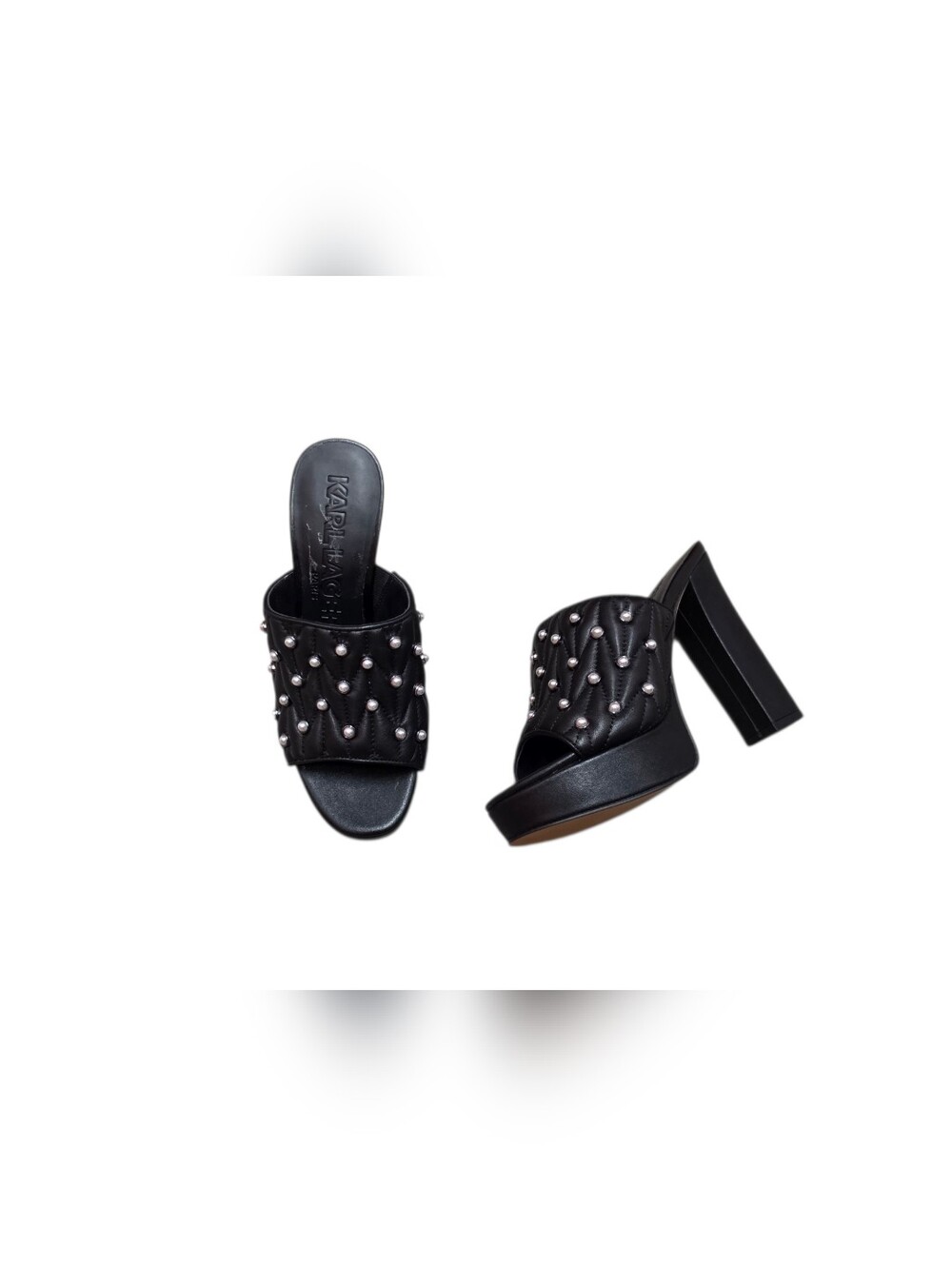 Karl Lagerfeld Paris Black Studded Aviva Pearls Open Toe Platform Heels NIB